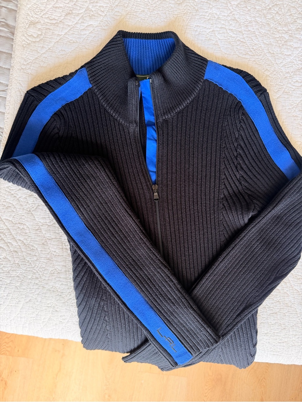 Lauren Ralph Lauren Black Ribbed Zip Sweater with Blue Stripes